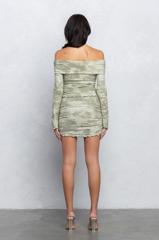Marble Ribbed Off Shoulder Top & Skirt Set
